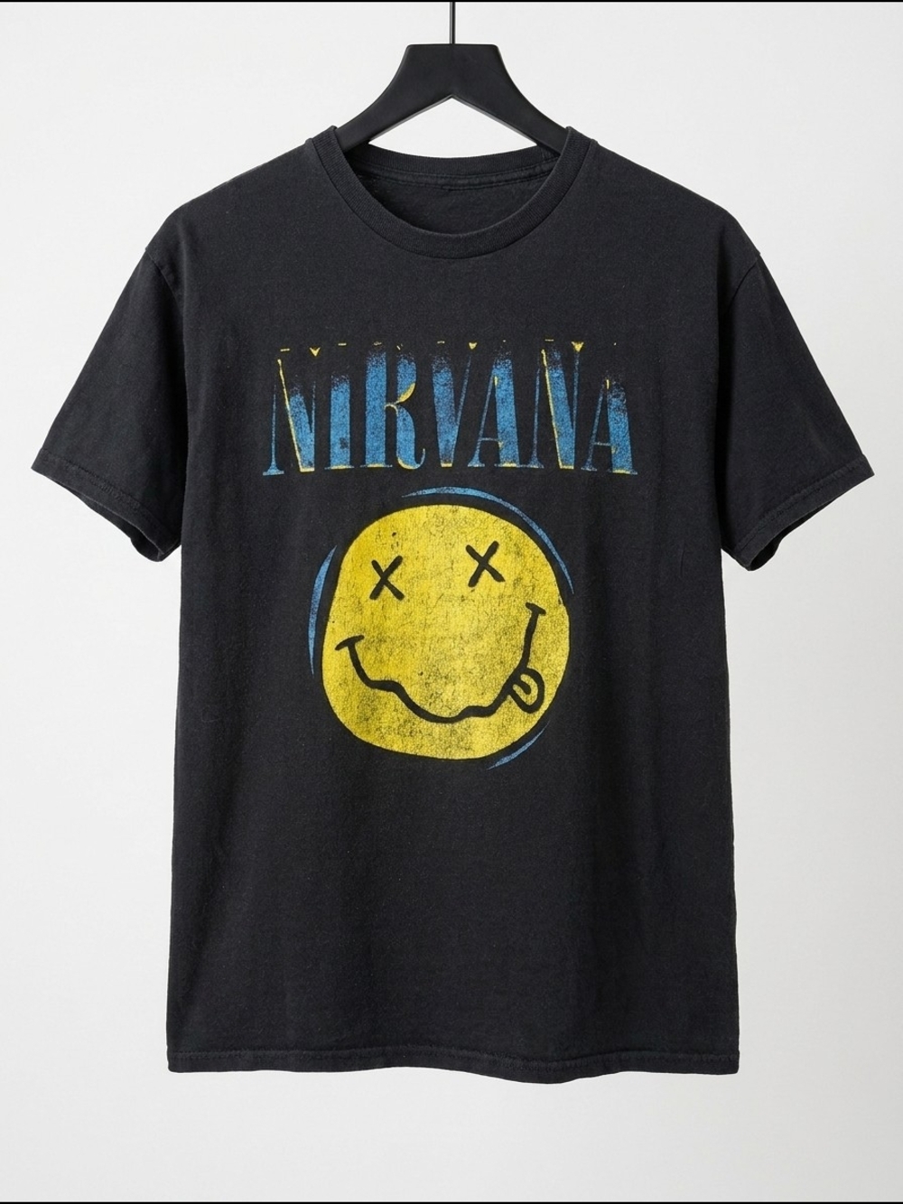 Nirvana Smiley Face Graphic Band T-Shirt Black Grunge Rock Tee‎